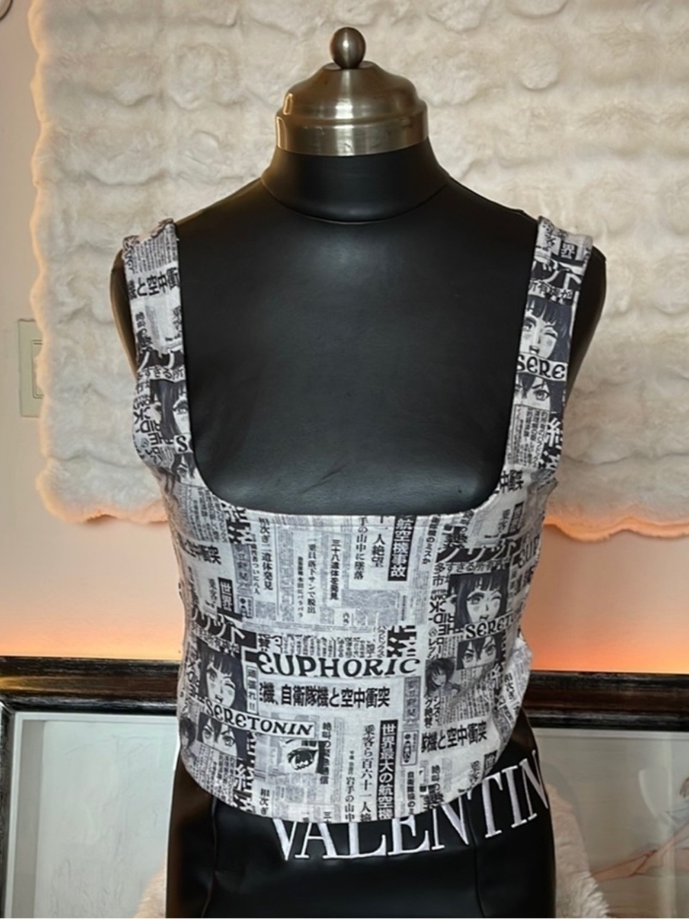Euphoric Newspaper Print Square-Neck Crop Top - Black & White